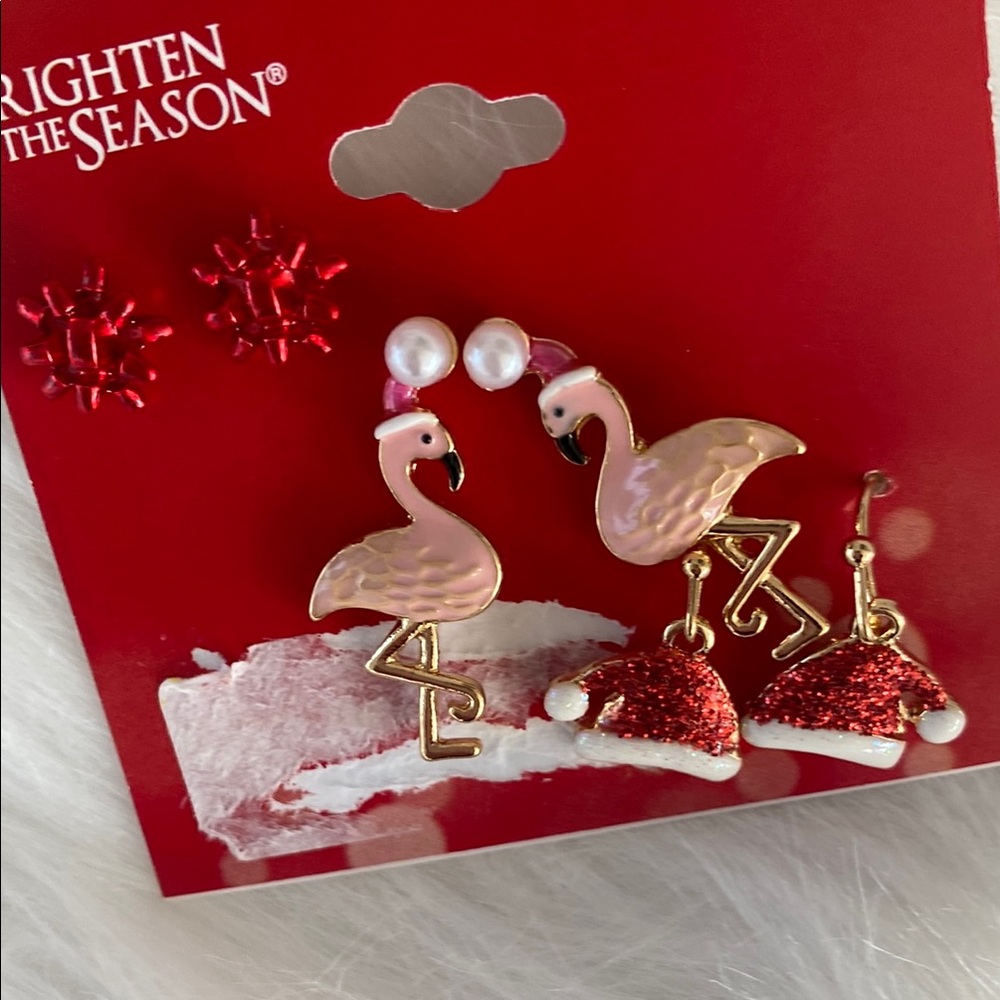 New 3 pair set Flamingo and Santa Hat Earrings - Picture 3 of 5